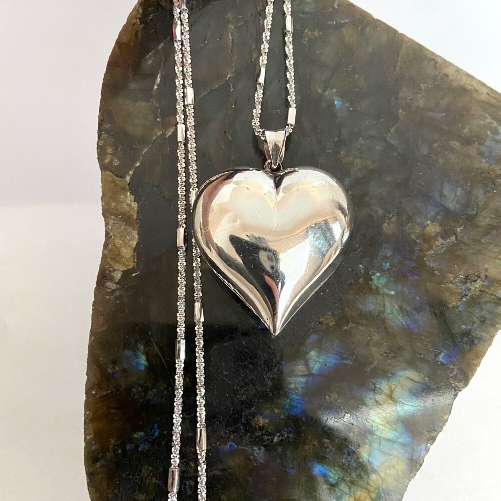 Sterling Silver 925 Hollow Puffy Heart Pendant Necklace 24" Chain